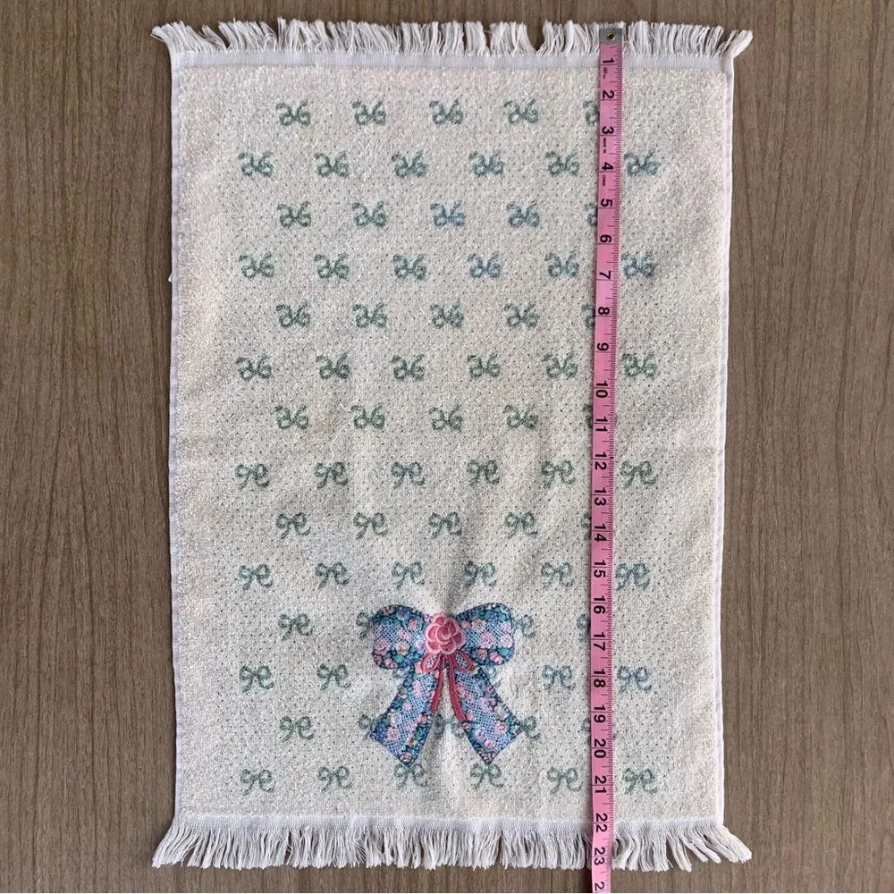 Vintage Hand Towel Bow Appliqué With Fringe Cream Pink And Blue 80s 90s Granny